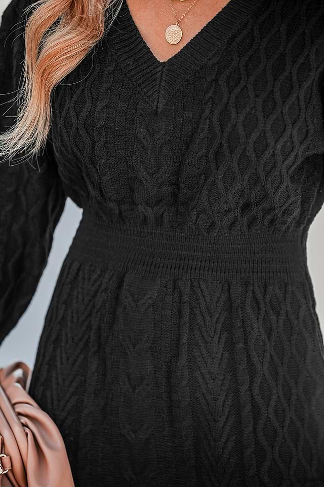 Black Cable Knit V-Neck Sweater Dress