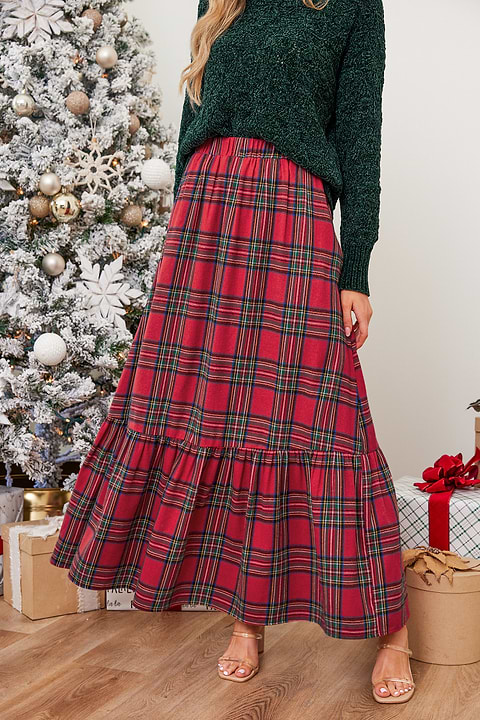 Burgundy Plaid Ruffled Maxi Skirt
