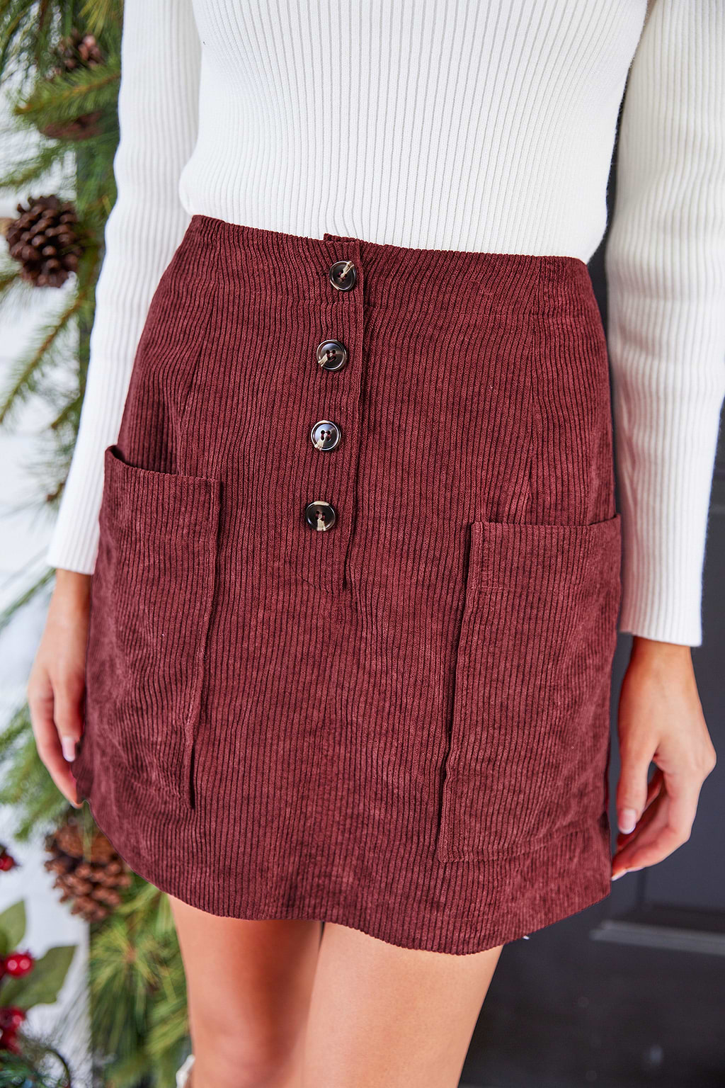 Burgundy Button-Front Pockets Mini Skirt