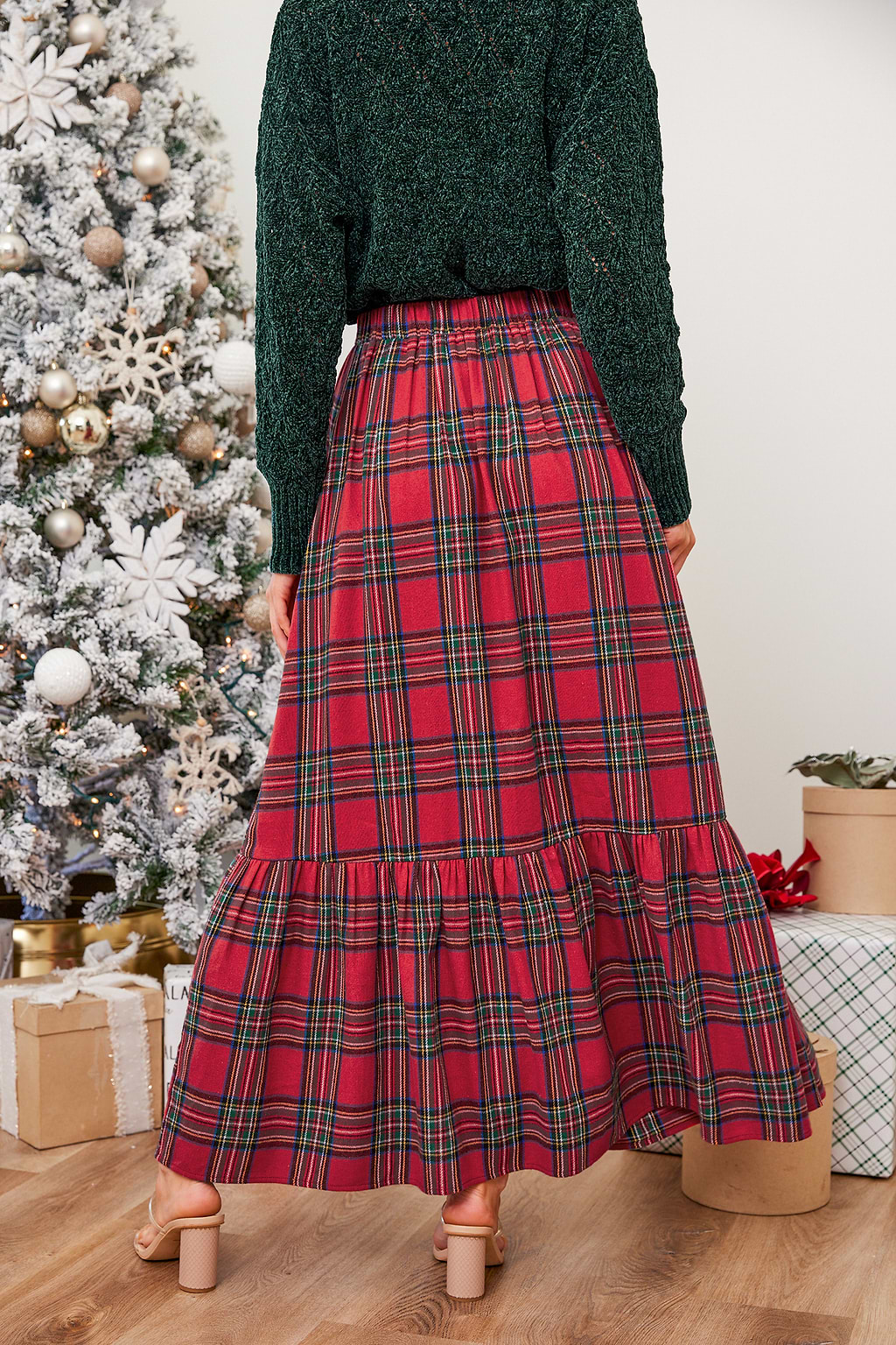 Burgundy Plaid Ruffled Maxi Skirt