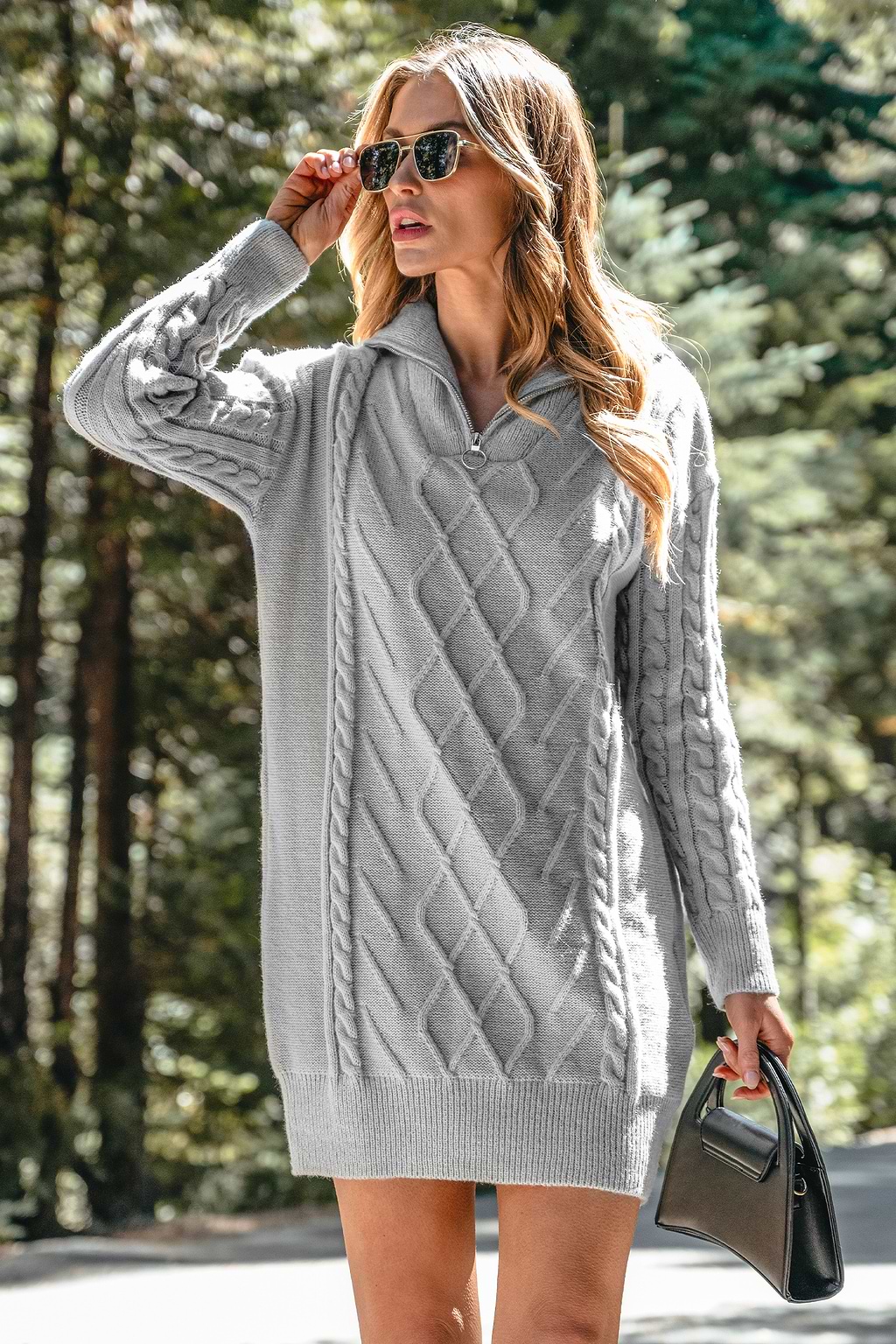 Grey Pull-Zip Cable Knit Sweater Dress