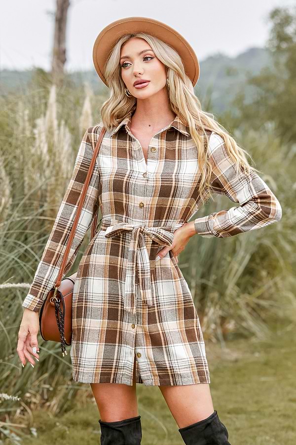 Plaid Belted Long Sleeve Shirt Dress Plaid Belted Long Sleeve Shirt Dress