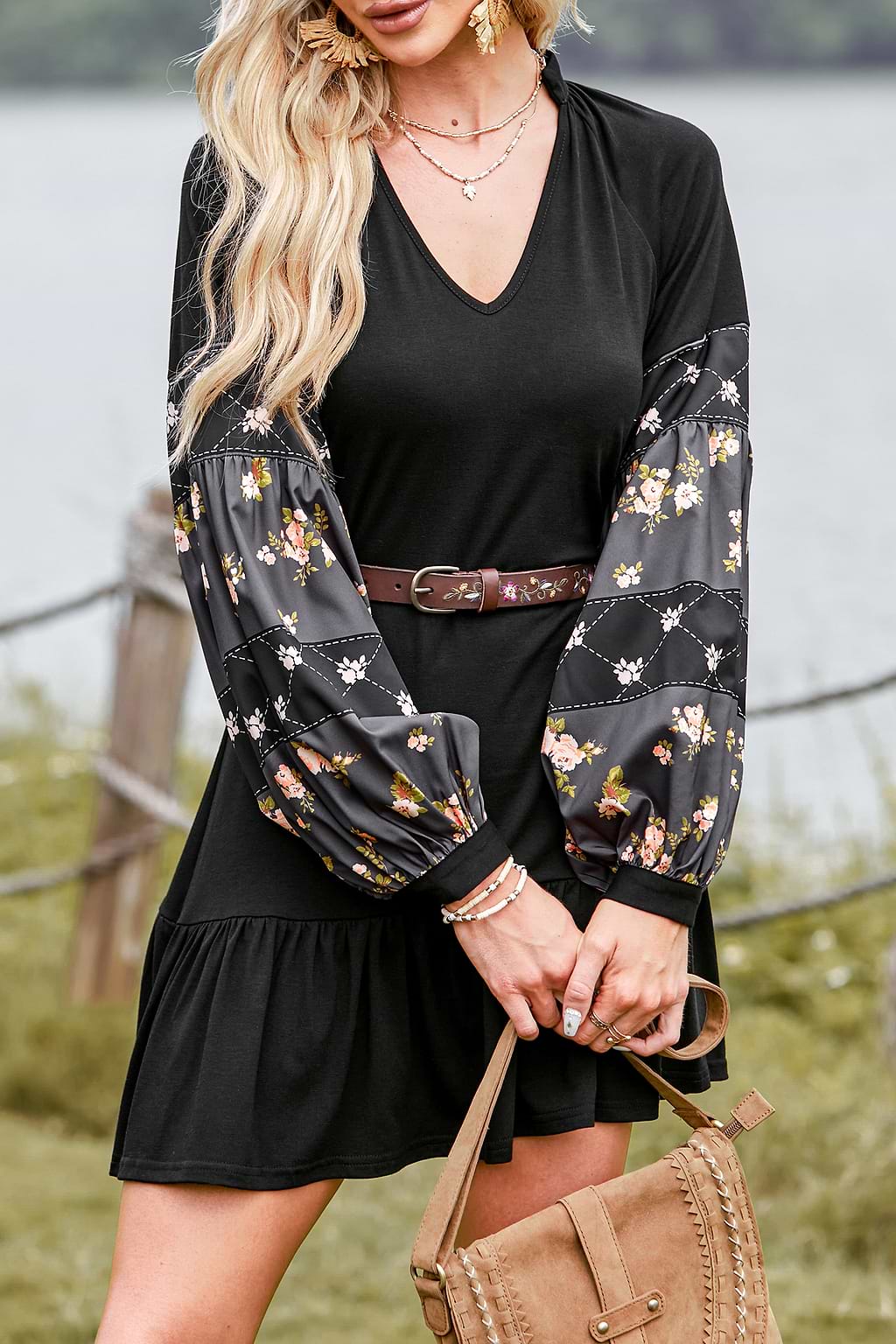 V-neck Puff Sleeve Ruffle Dress