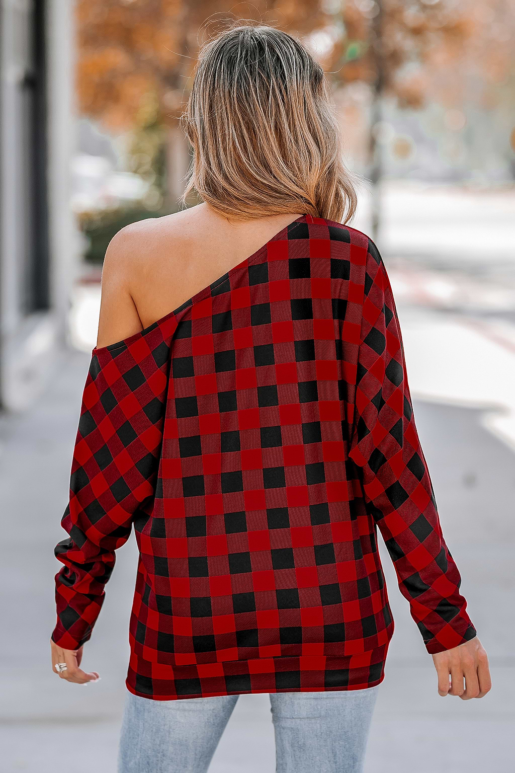 Burgundy Gingham One Shoulder Long Sleeve Tee