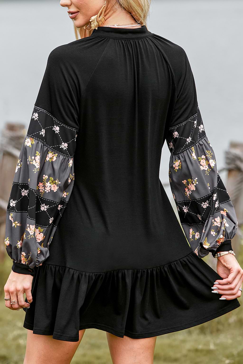 V-neck Puff Sleeve Ruffle Dress