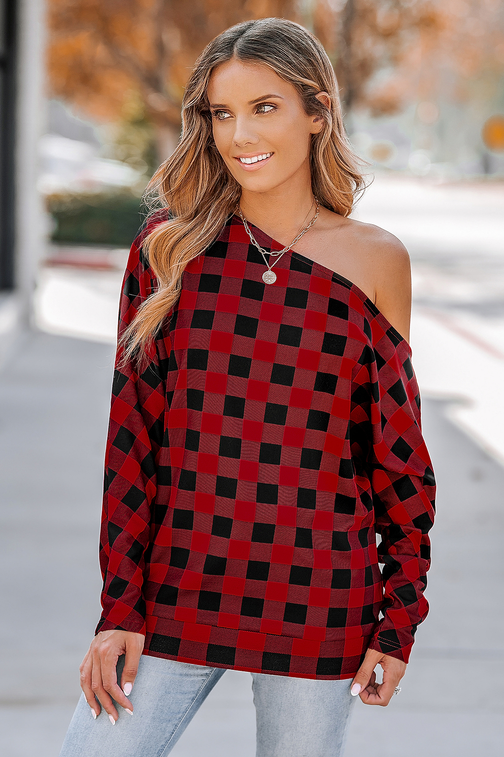 Burgundy Gingham One Shoulder Long Sleeve Tee