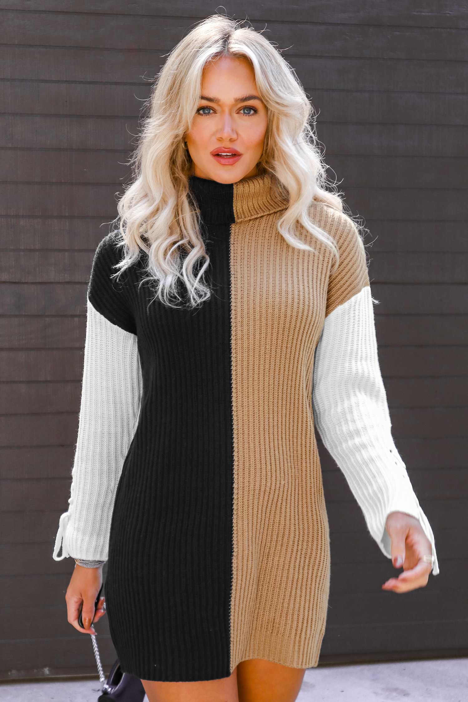 DRESSTERIOR - MIYUKI Colorblock Turtleneck Mini Sweater Dress