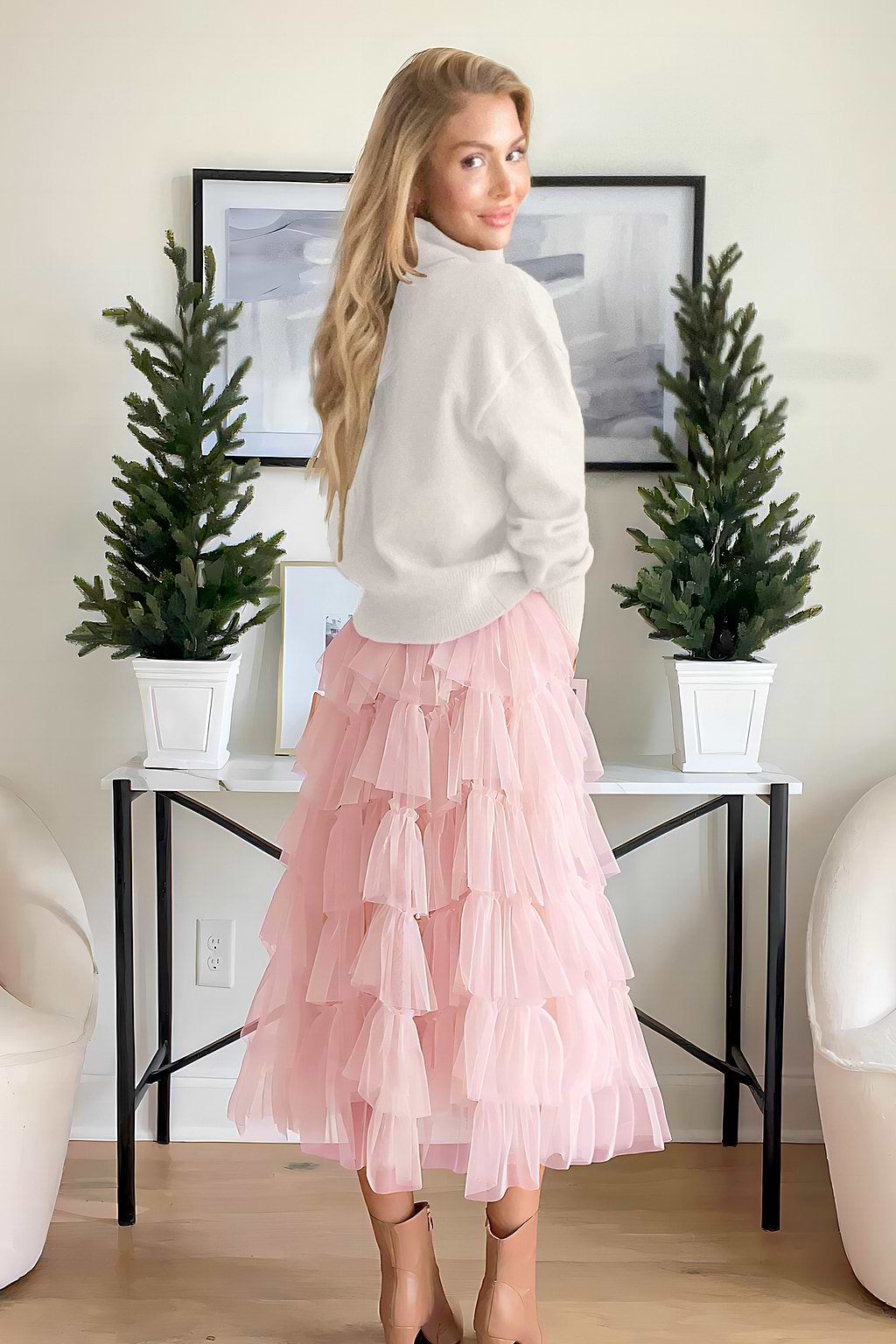 Pink Tufted Tulle Maxi Skirt