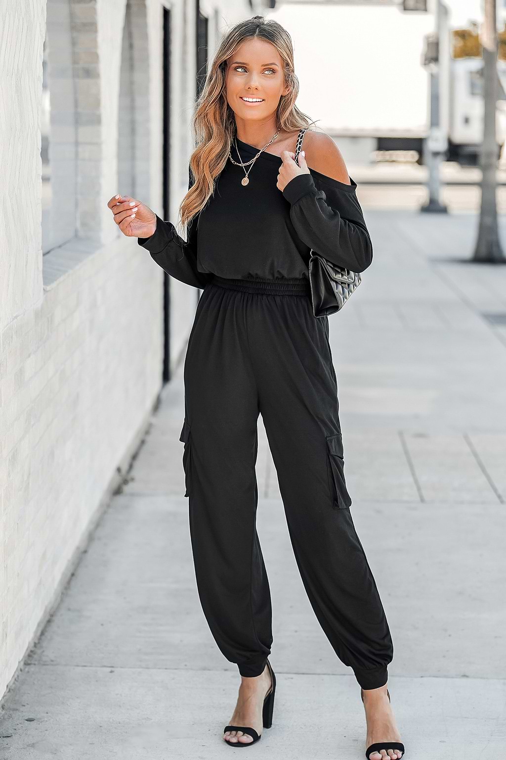 One Shoulder Smocked Jogger Jumpsuit