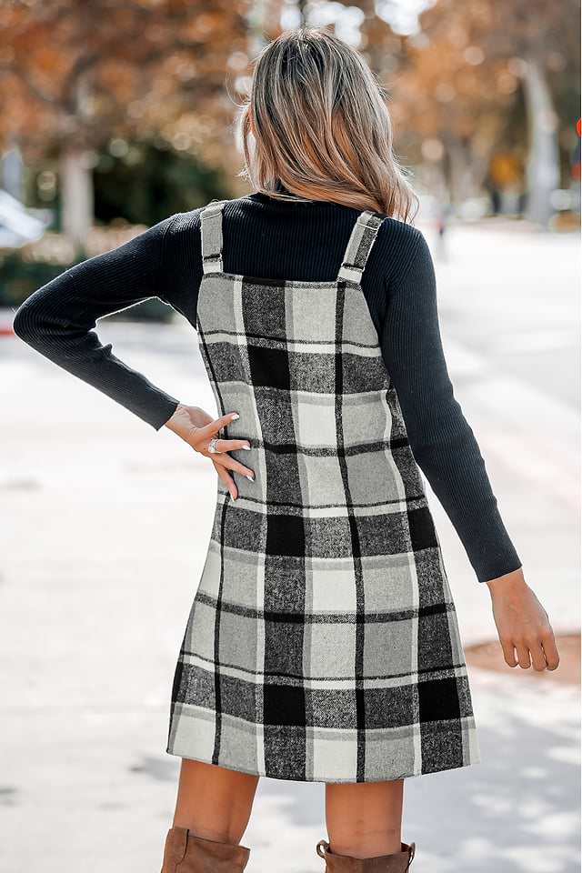 Plaid V-Neck Pockets A-line Mini Dress