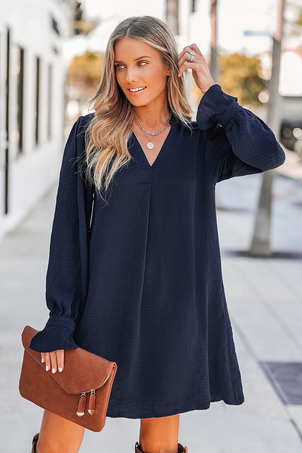 V-Neck Puff Sleeve Mini Dress