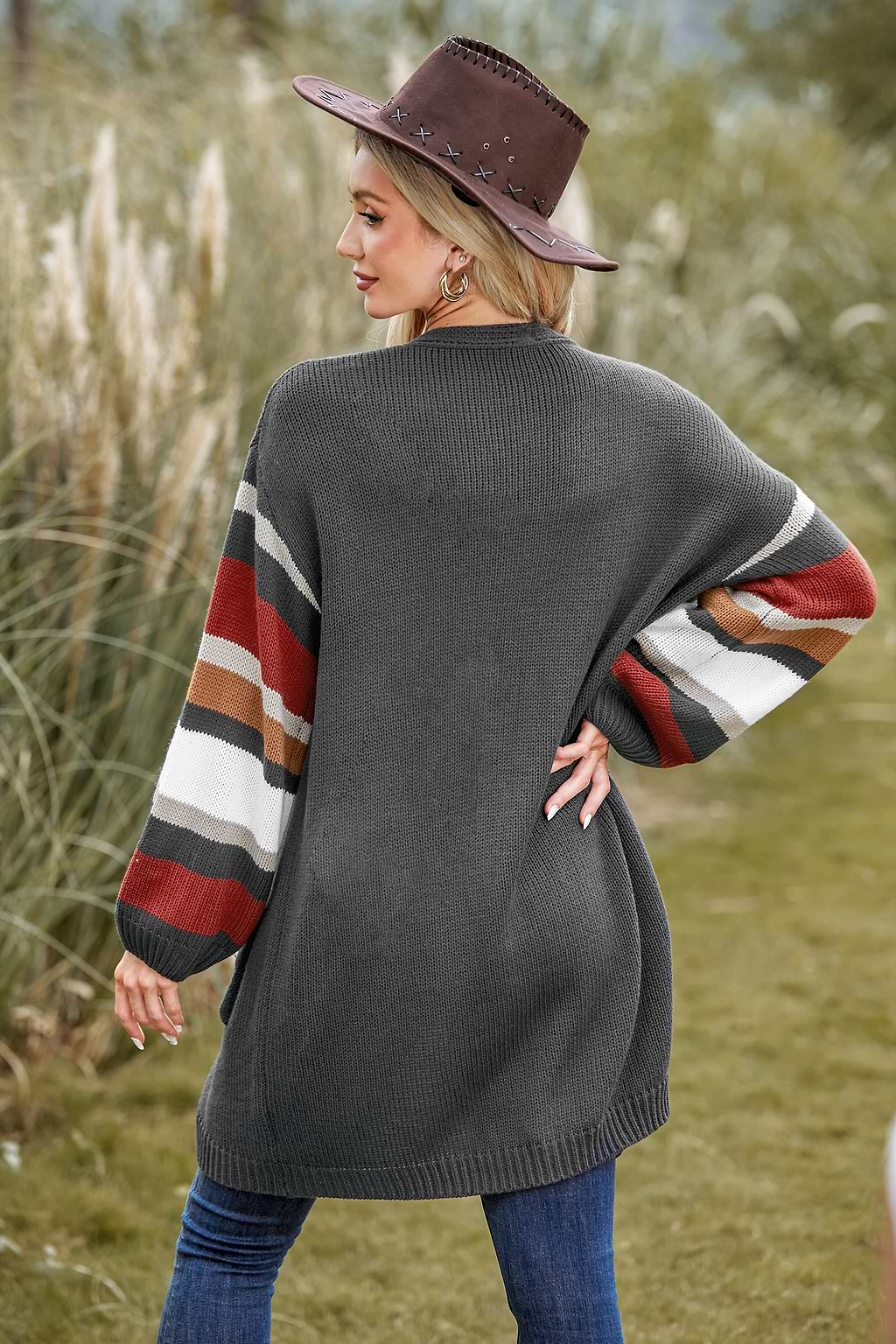 Cardigan ouvert à poches et rayures en tricot côtelé