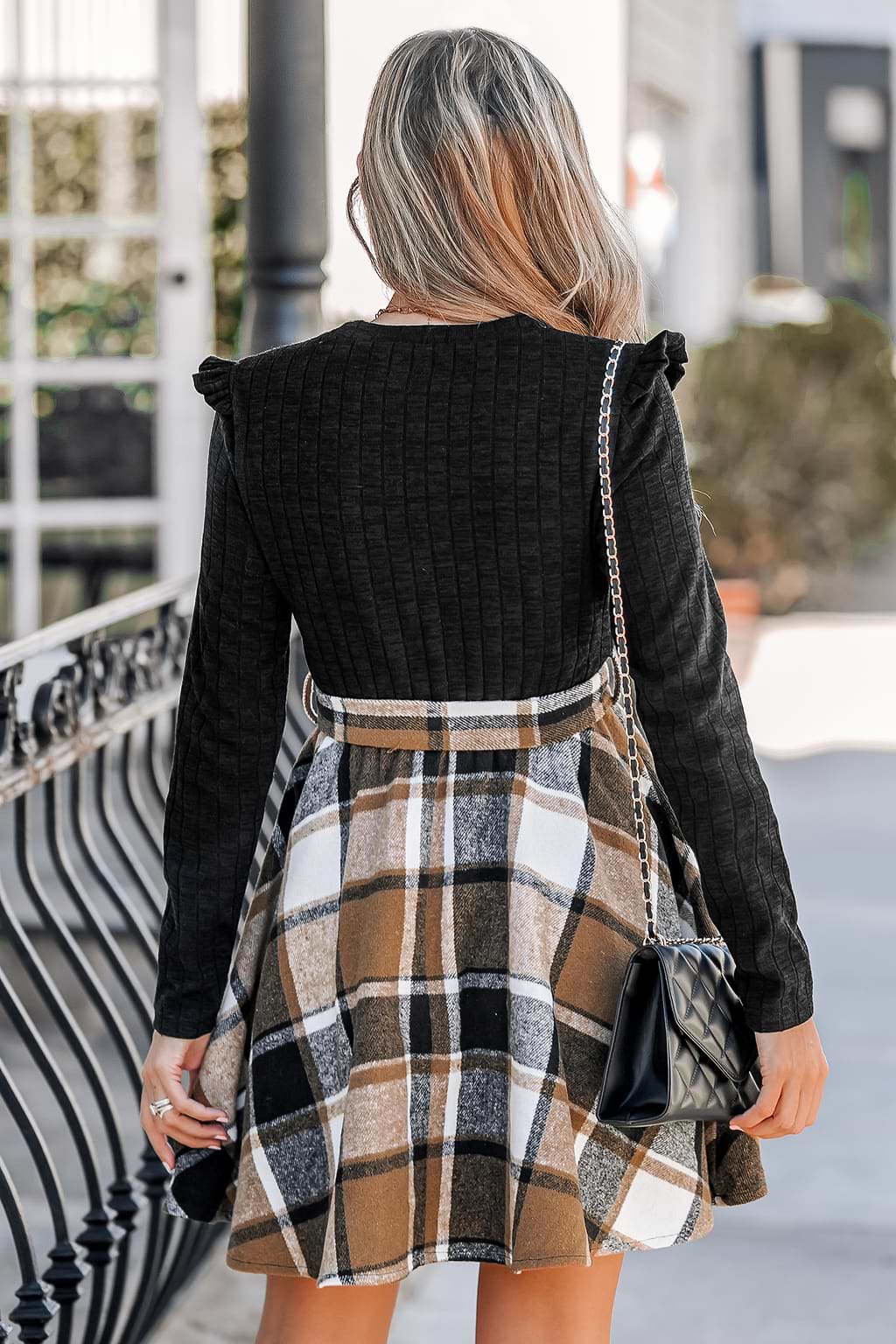 Ruffled Belted Gingham Long Sleeve Dress