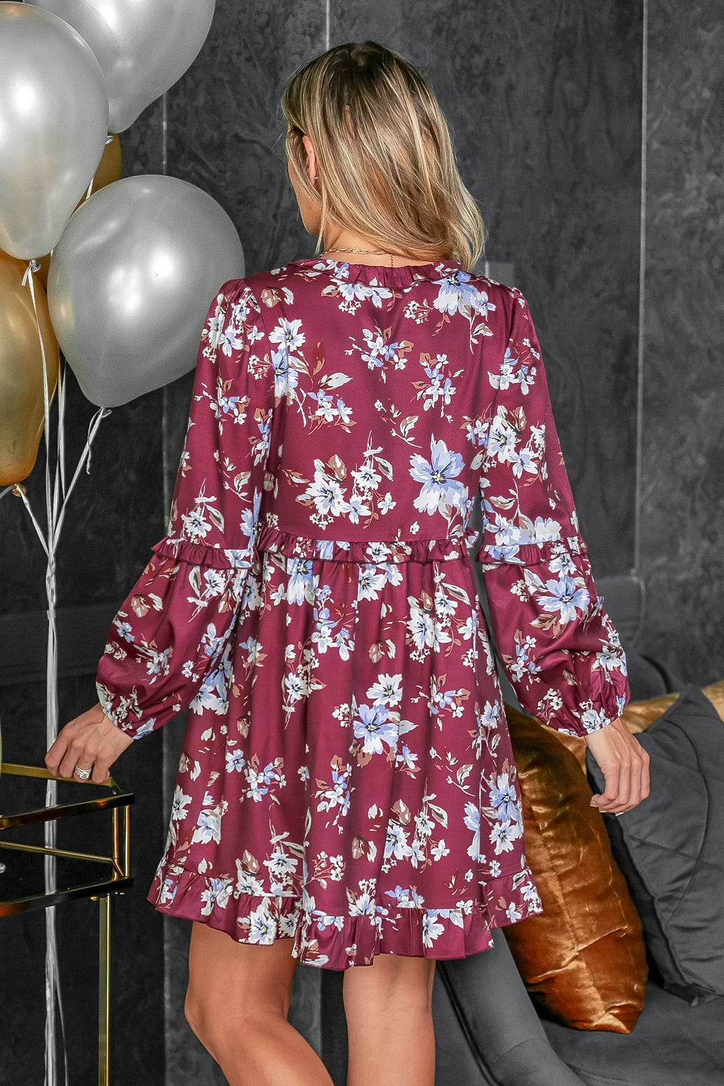 Burgundy Floral Blouson Sleeve Dress