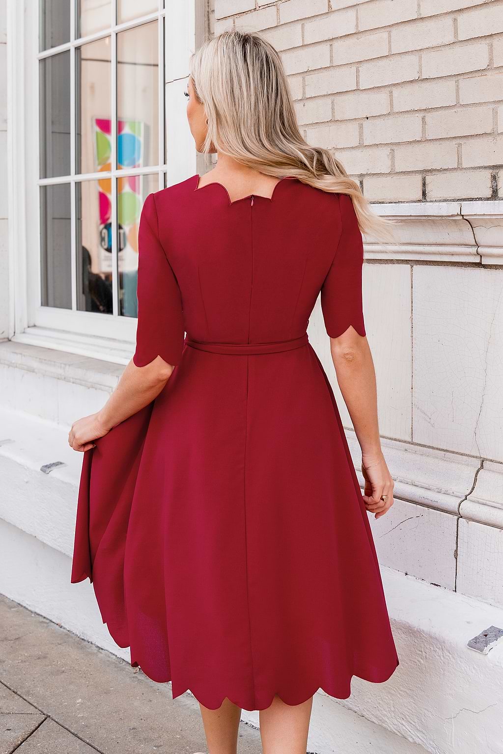Burgundy Belted Half Sleeve Midi Dress