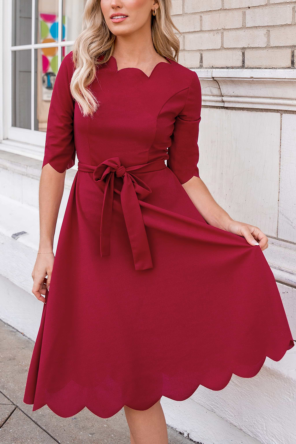 Burgundy Belted Half Sleeve Midi Dress
