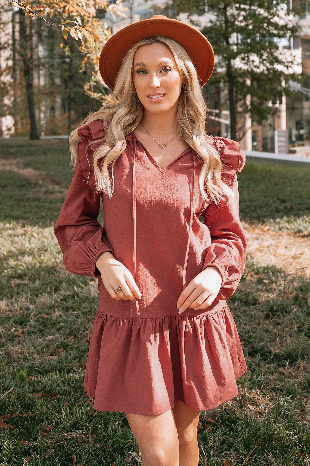 Brick Ruffled Drop Waist Dress