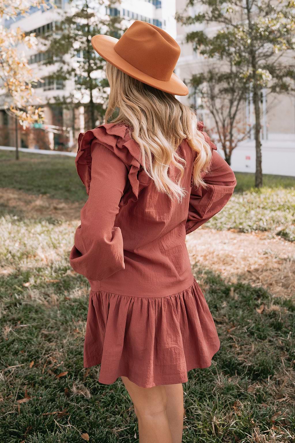 Brick Ruffled Drop Waist Dress