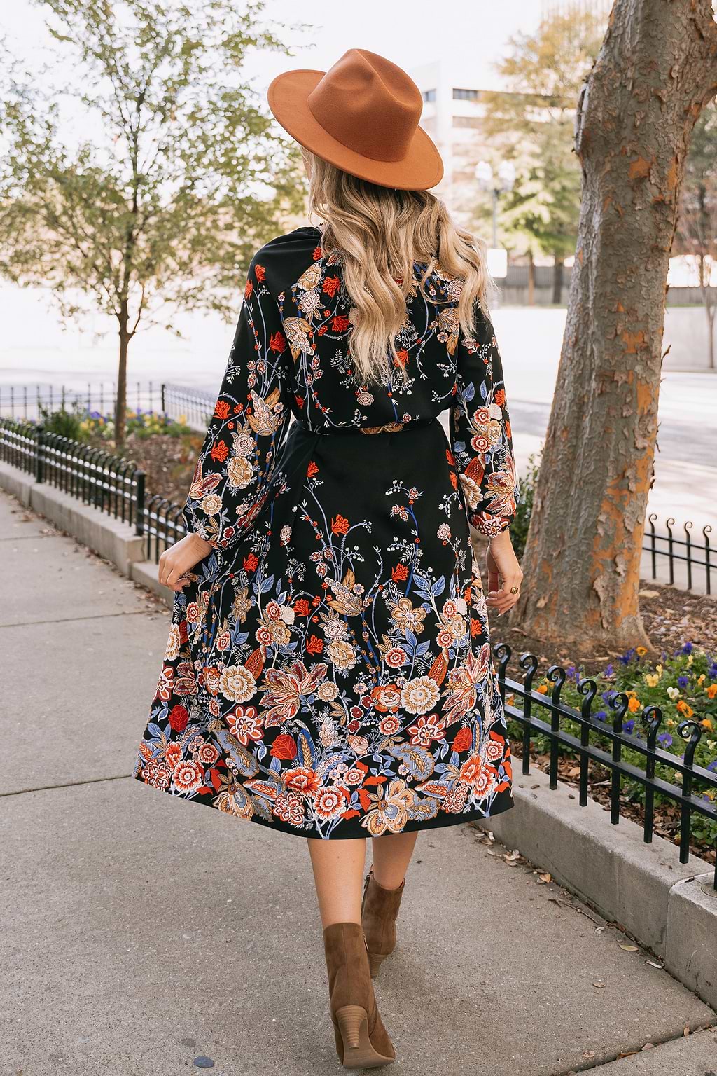Floral Print Bow Tie Long Sleeve Midi Dress