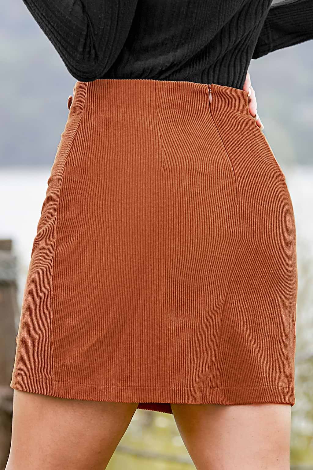 Jupe taille haute en velours côtelé orange brûlé