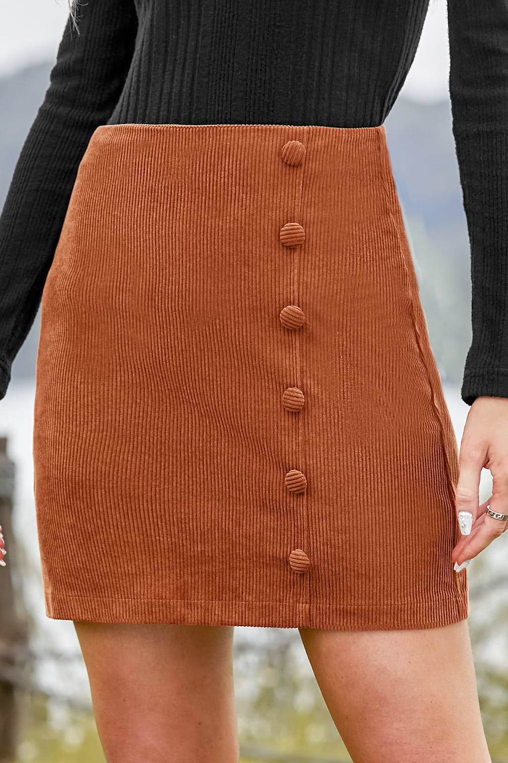 Jupe taille haute en velours côtelé orange brûlé