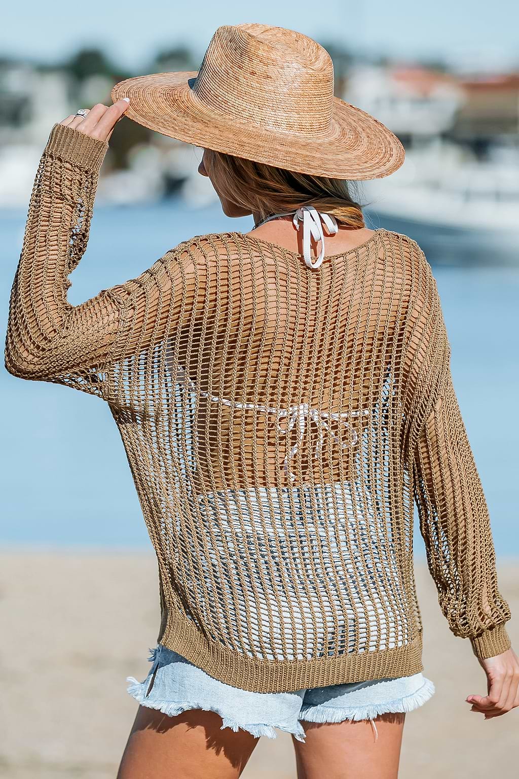Frans beige open gebreide cover-up