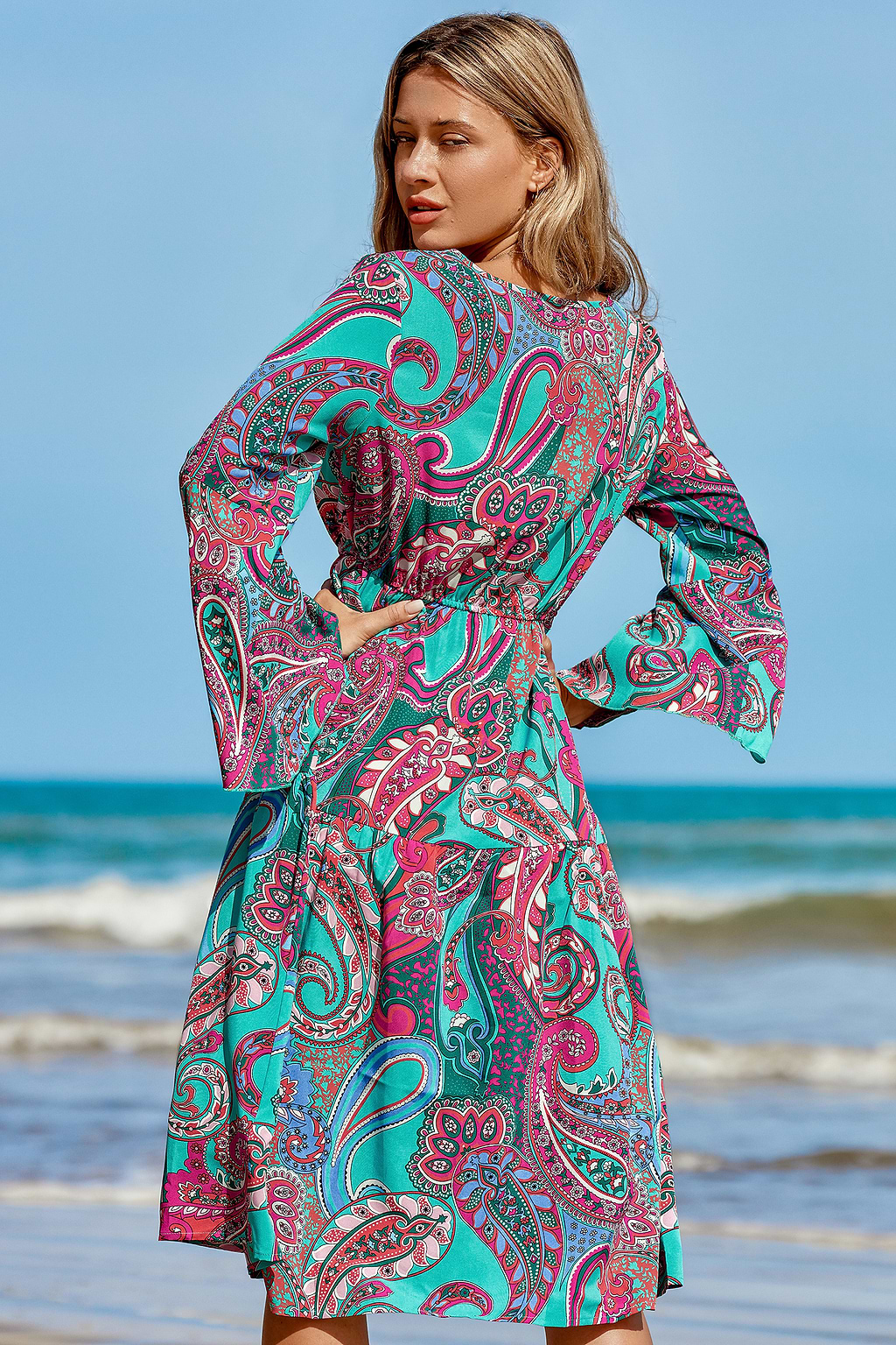 Teal Bell Sleeve Paisley Midi Dress