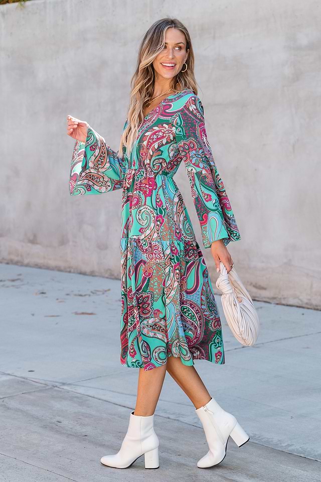 midi bell sleeve dress Uniexcosm Women's Bell-Sleeved Flowy Casual Midi Dress, Long Sleeve, Comfortable & Soft