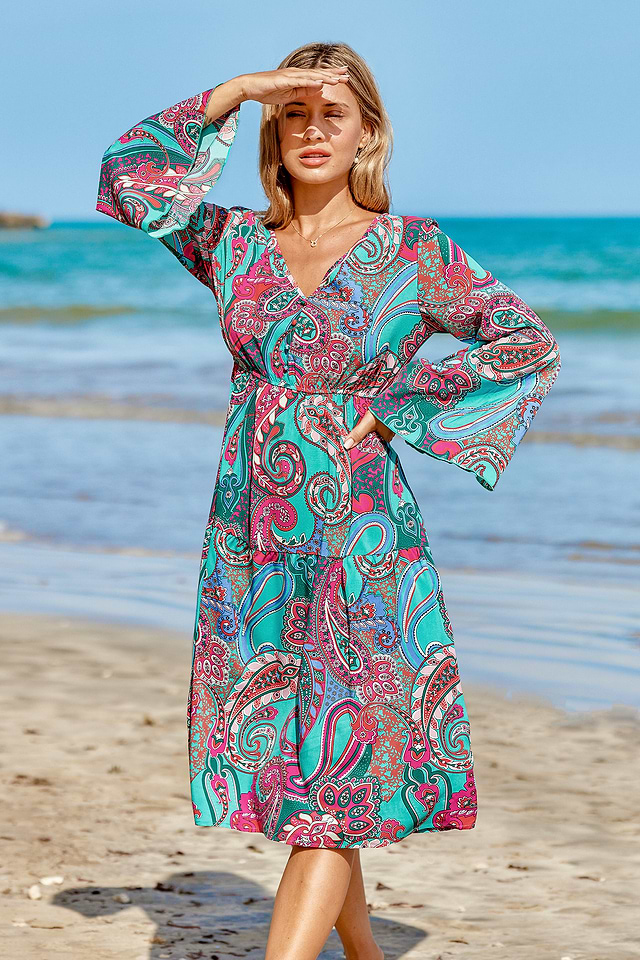 Robe midi à manches en cloche paisley