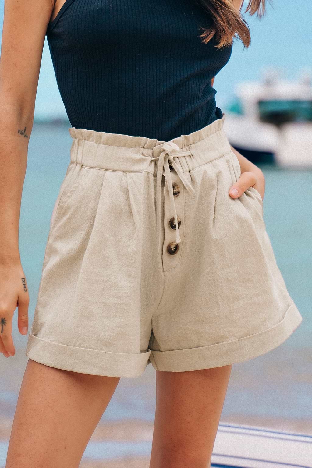 Khaki Drawstring Paperbag Shorts
