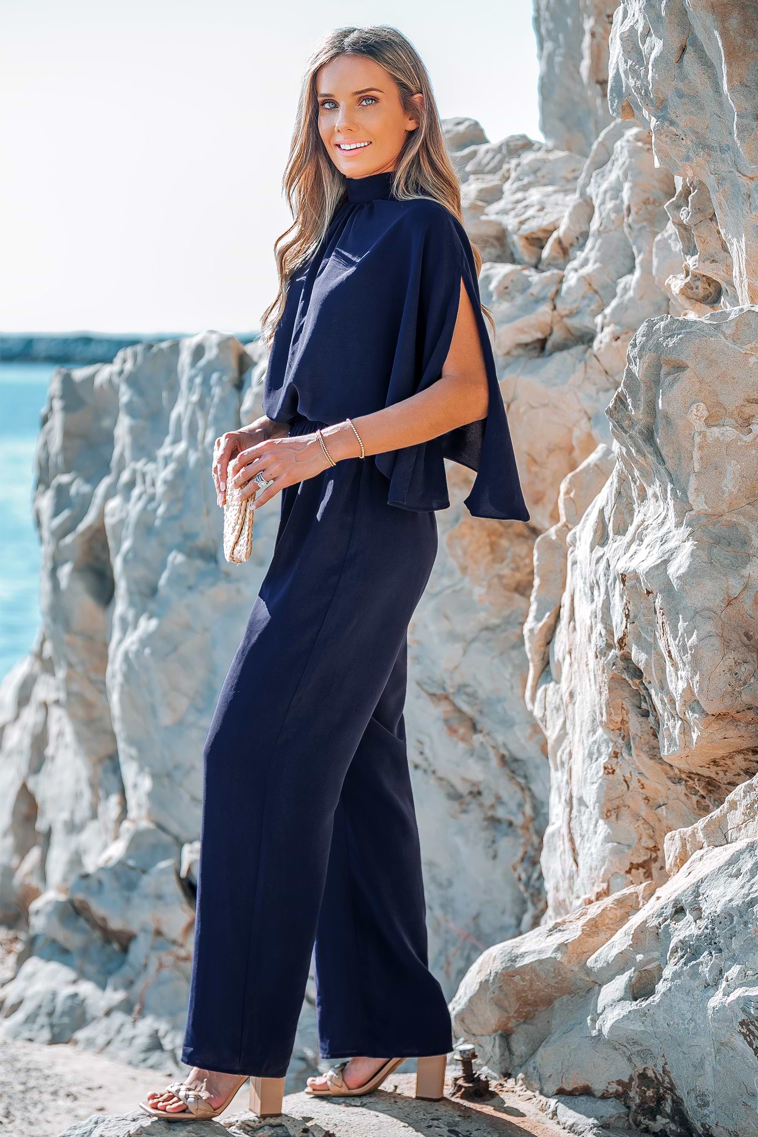 【CUPSHE】ブルー ノースリーブ ポケットジャンプスーツ Navy Mockneck Blouson Jumpsuit