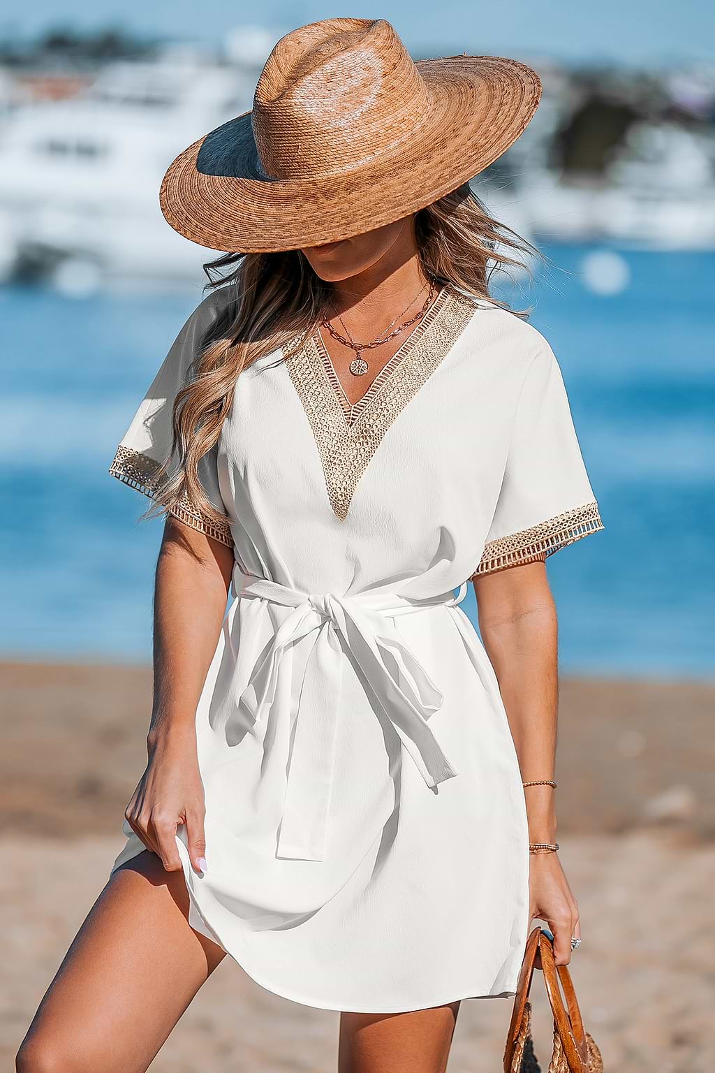 Decorative Trim Off White Mini Dress