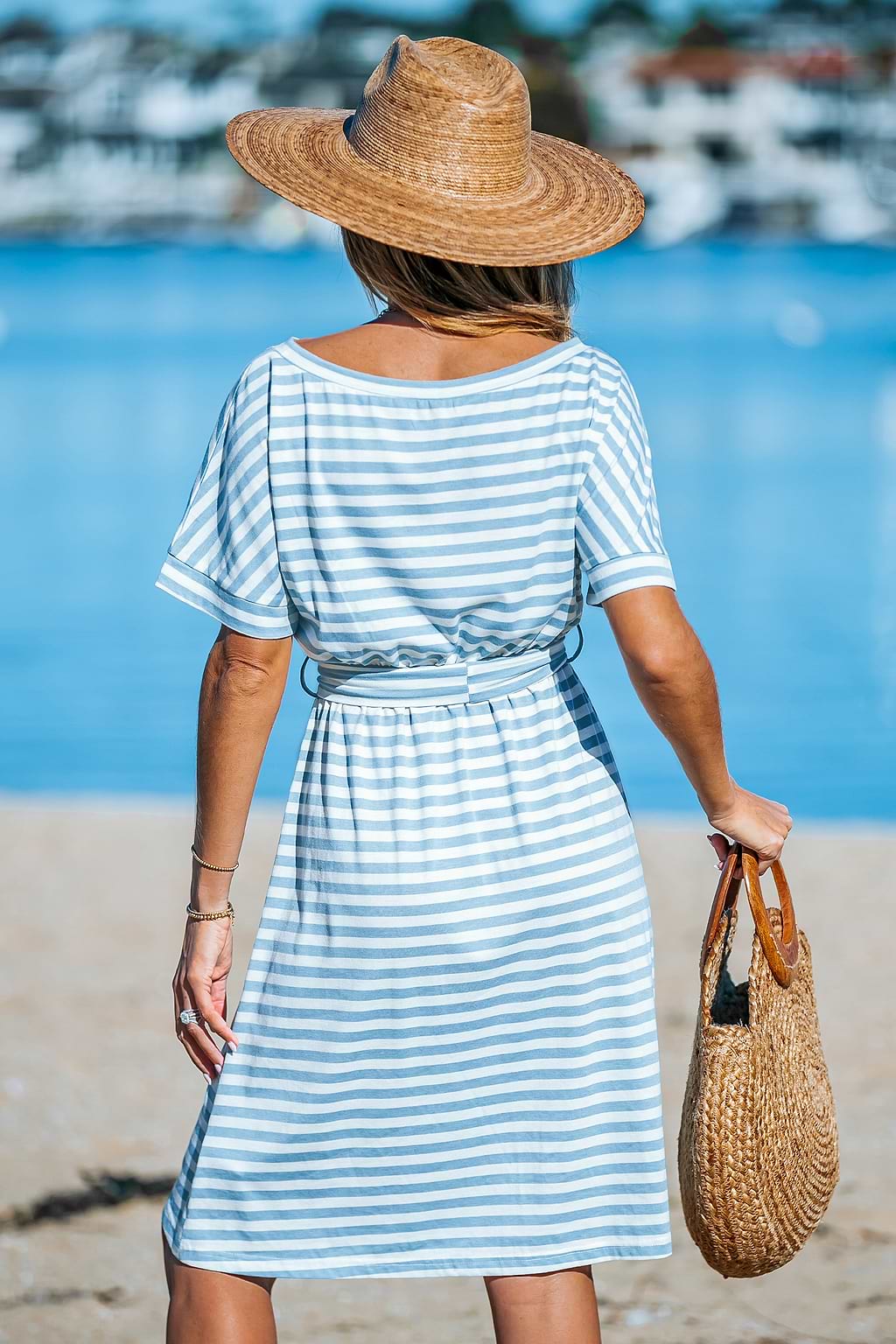 Sky Blue & White Stripe Boat Neck Dress