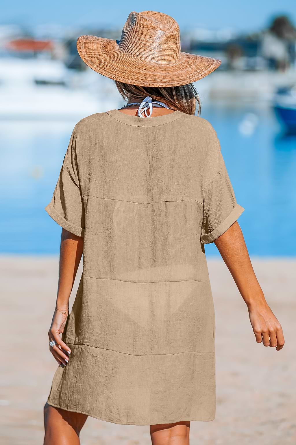 Tan Loose-Fit V-Neck Cover-Up