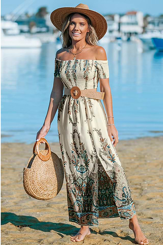 Cream Floral Off-Shoulder Smocked Maxi Dress