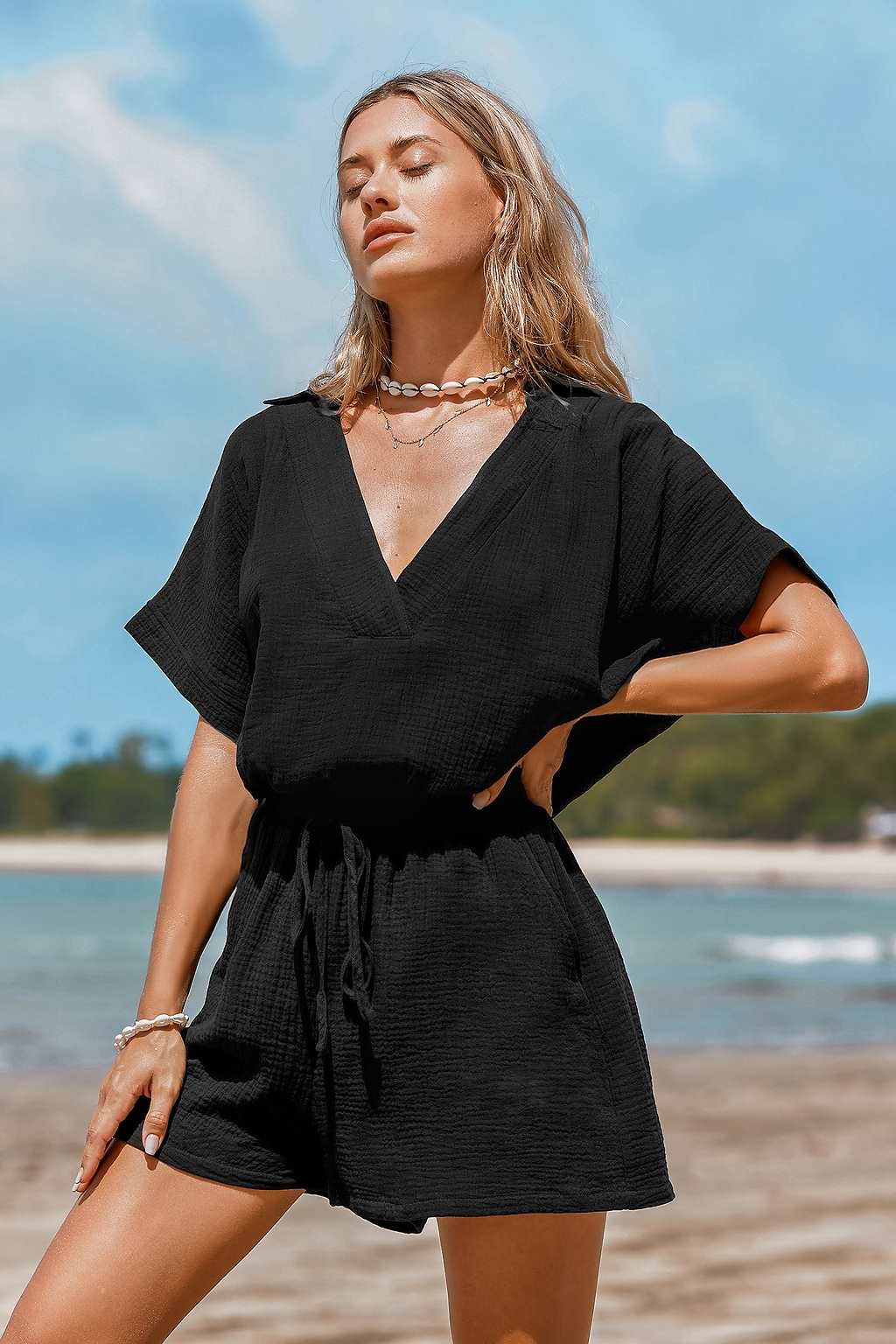 Reine Baumwolle Strampler mit V-Ausschnitt und Kordelzug