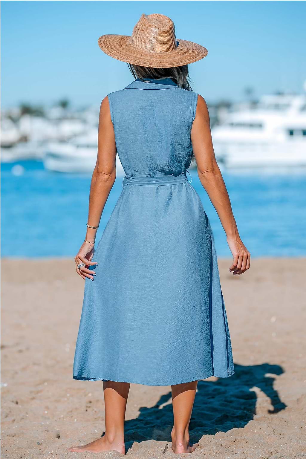 Front Button Sleeveless Midi Dress