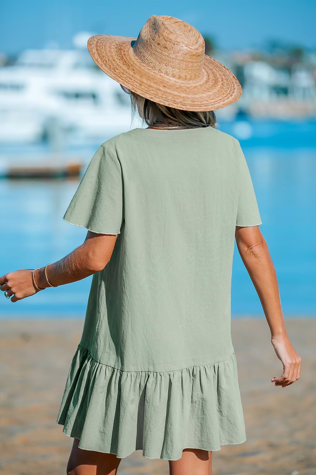 Button-Up V-Neck Flounce Dress