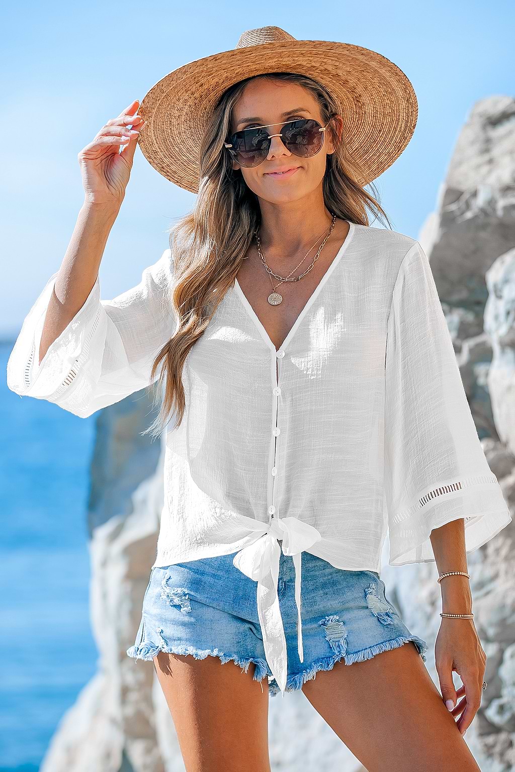 Flared Sleeve and Tied-Waist Cover-Up