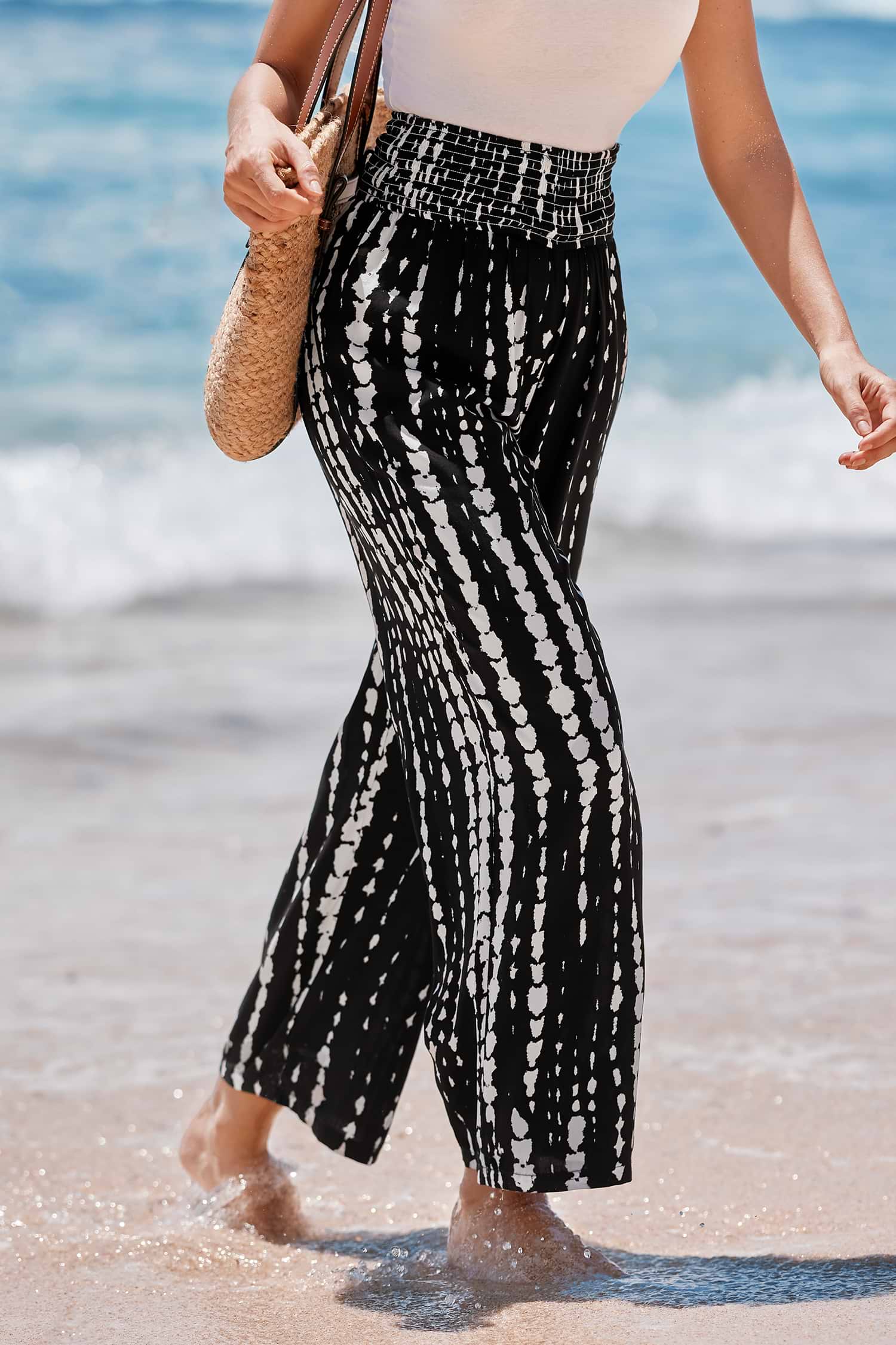 Black-and-White Abstract Smocked Waist Pants