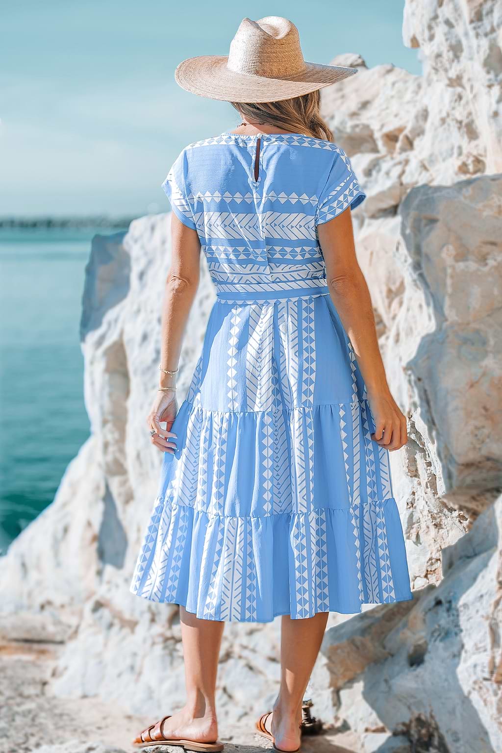 Blue and White Geometric Patchwork Dress