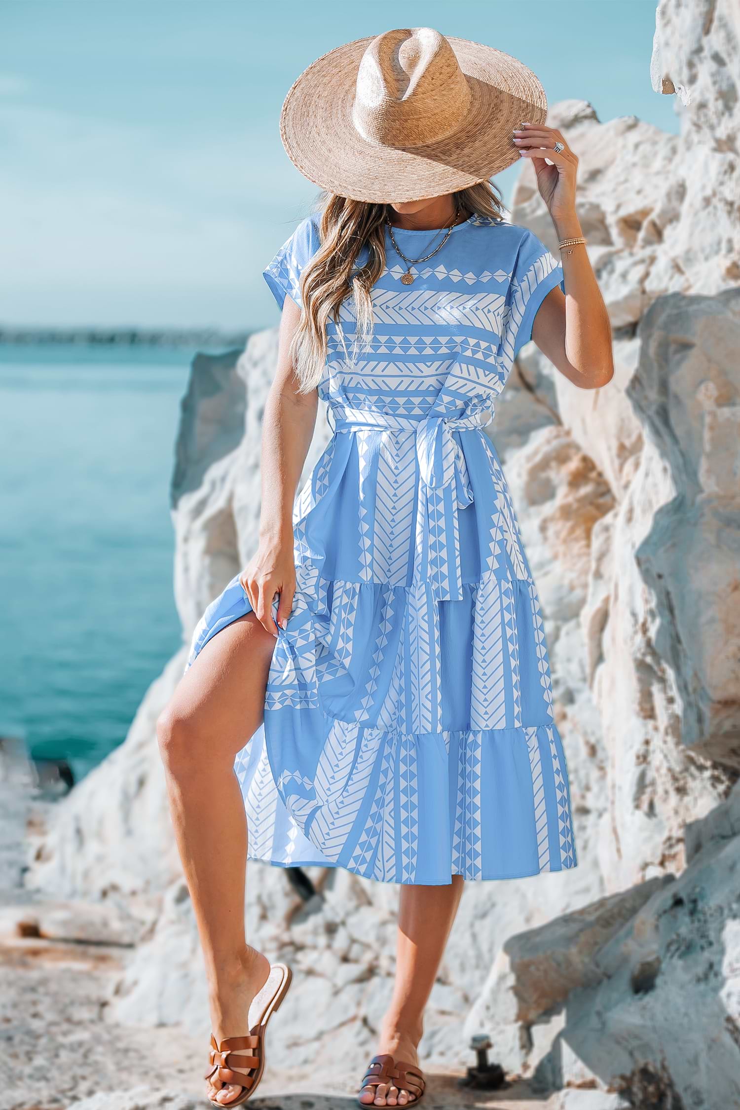 CARTOGRAPHIC PATTERN DRESS ブルーM Women's Printed Sleeveless Maxi Dress | Navy | Charlie B