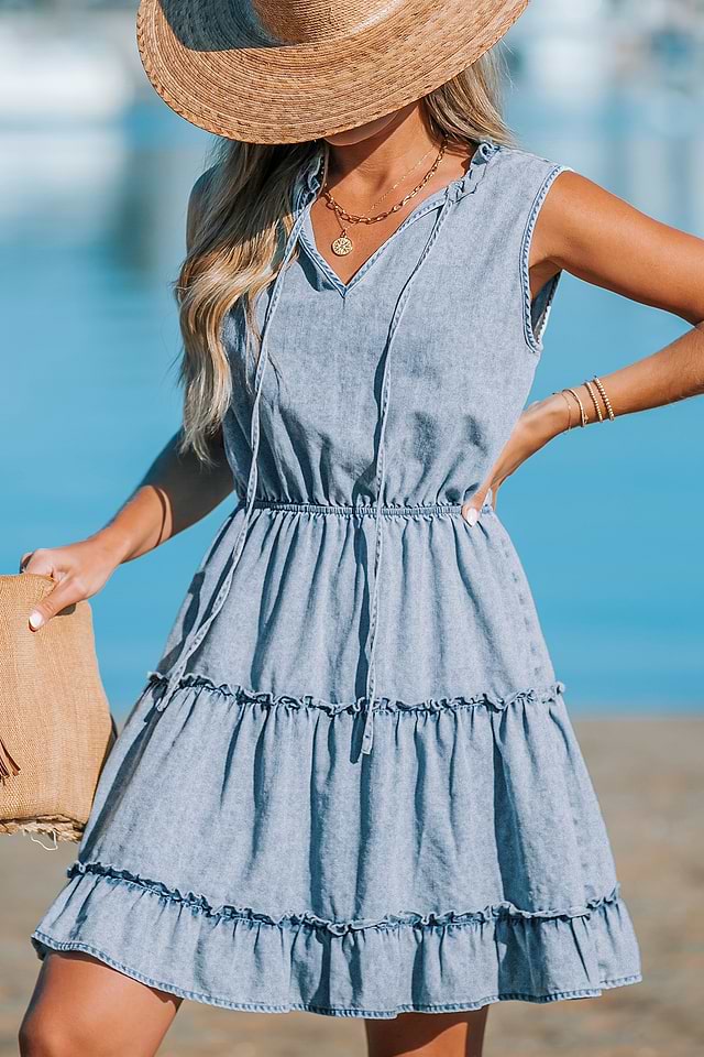white christmas dresses Georgie Tiered Flutter Sleeve Dress - Light Denim main image 0