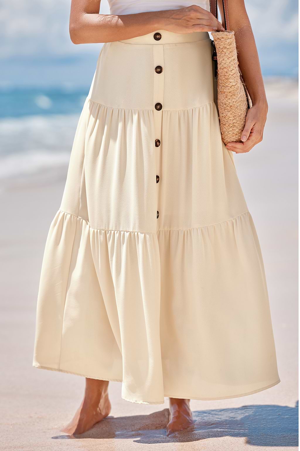Paneled Front-Button Maxi Skirt