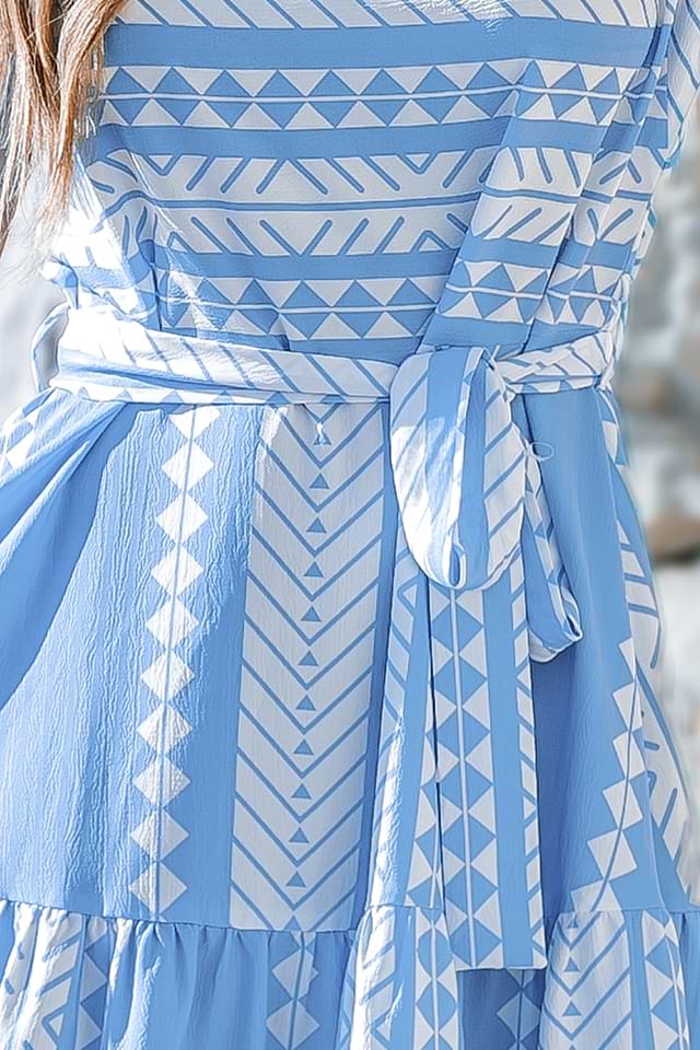 Blue and White Geometric Patchwork Dress