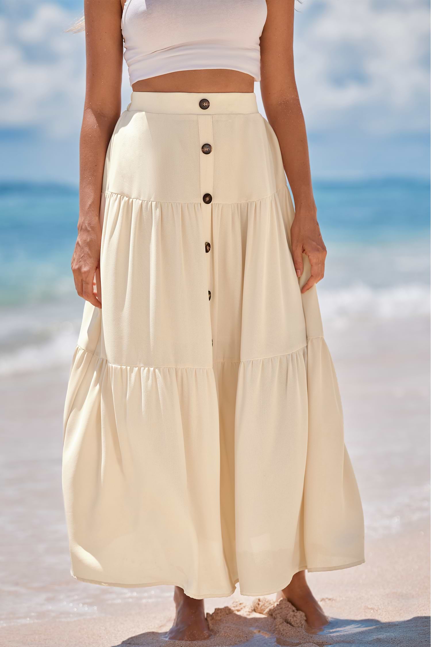 スカート Vintage Button Long Cancan Skirt Paneled Front-Button Maxi Skirt