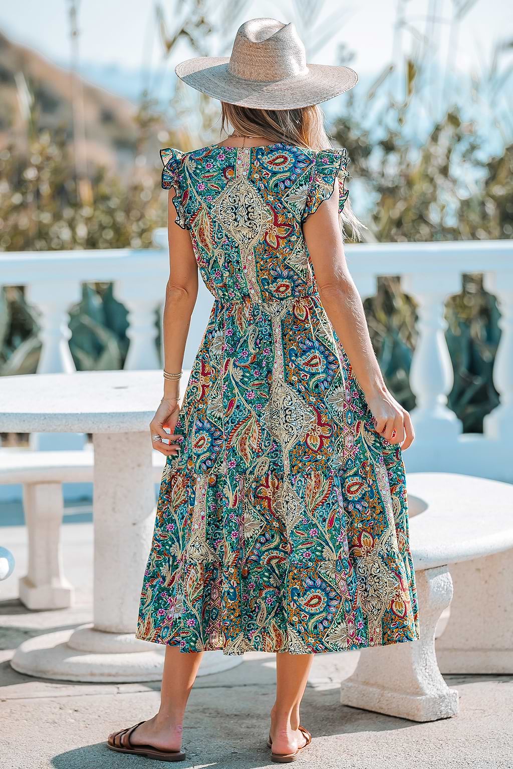 Paisley Surplice Flutter Sleeve Dress