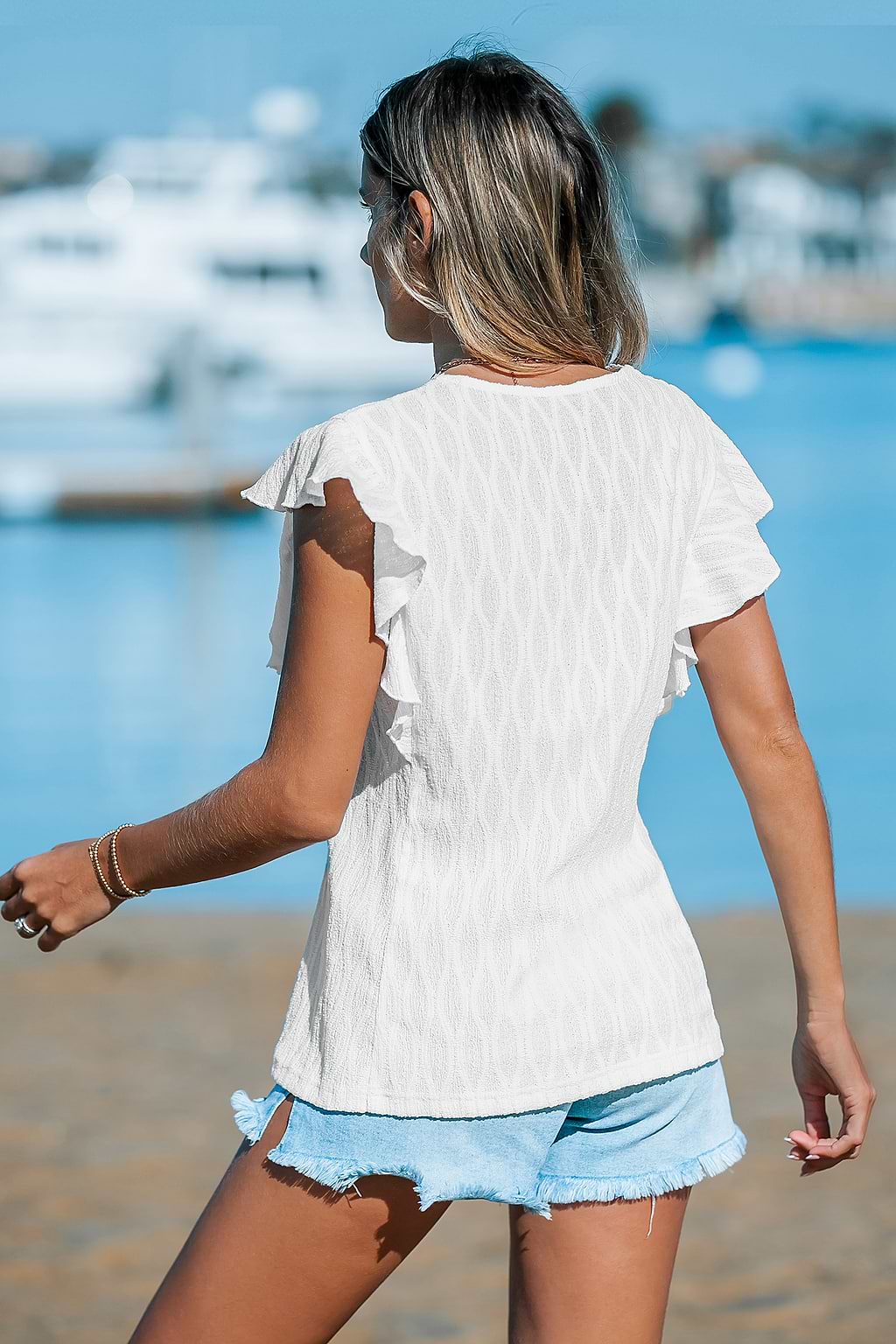 Textured White Flutter Sleeve V-Neck Top