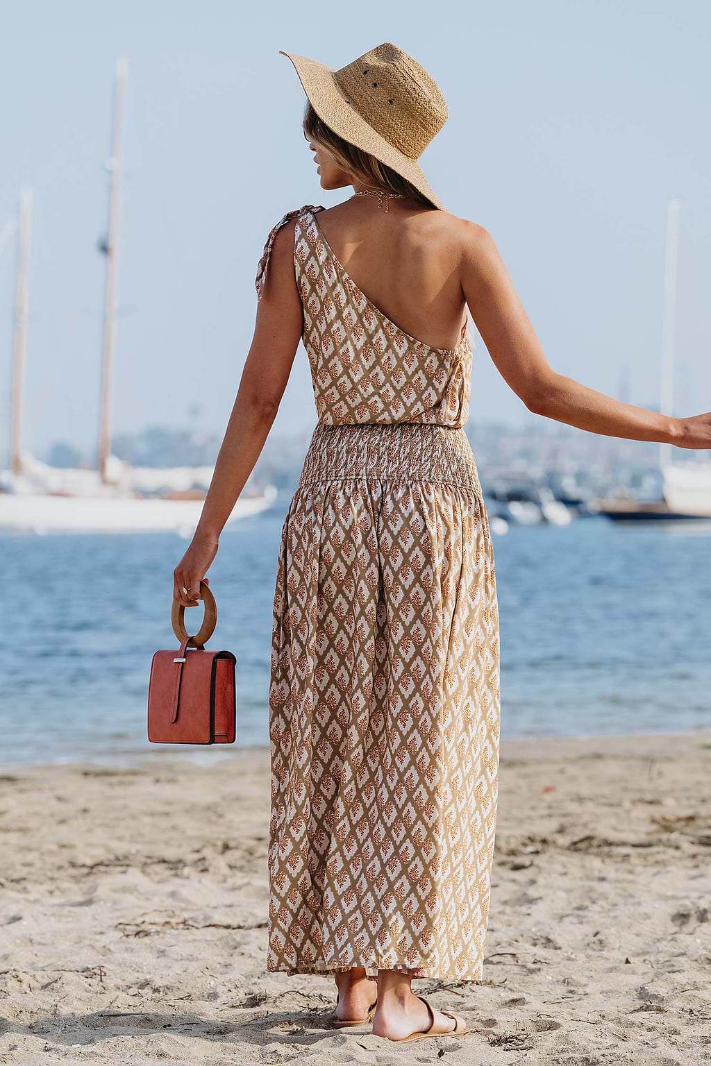 Retro One-Shoulder Smocked Maxi Dress