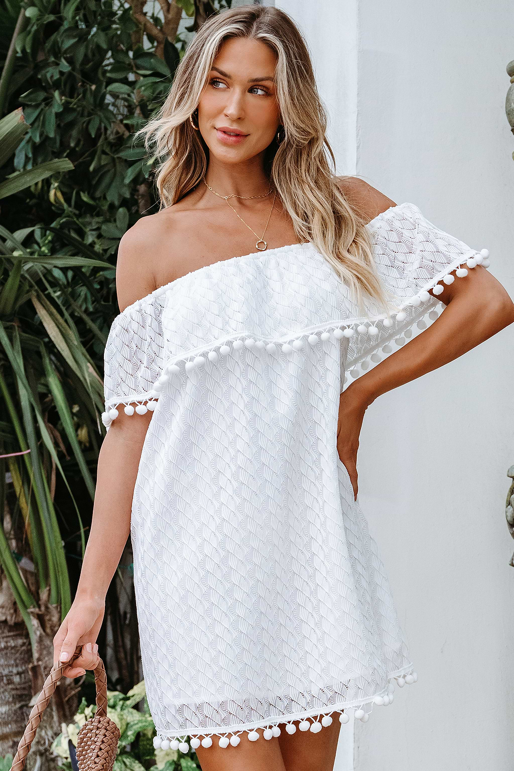 Off-Shoulder Pom-Pom Mini Dress